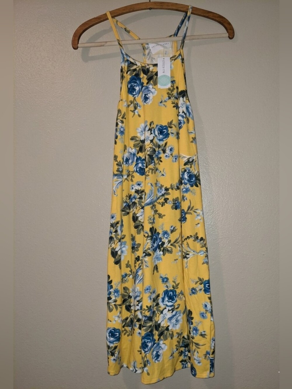 NWT French Grey Brushed Knit Yellow Maxi Dress with Blue Floral Print S
